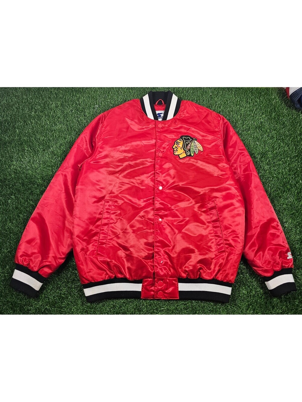 Chicago Blackhawks Red Satin Starter Bomber Jacket Size Large